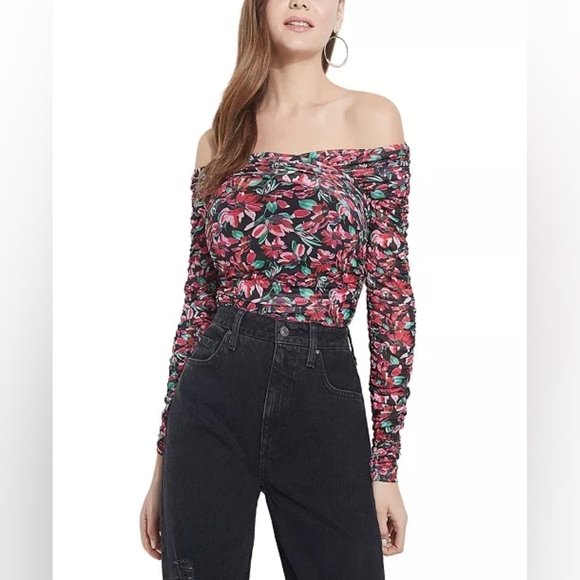 Guess Tops - Guess Florencia Pink Floral Ruched Off Shoulder Top Medium